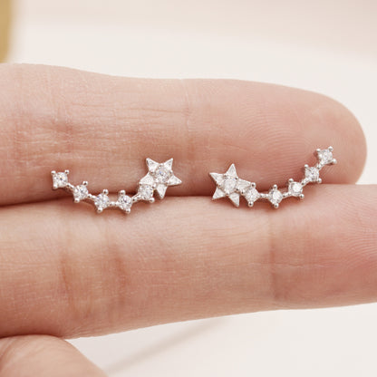 Sterling Silver Shooting Star Dainty Ear Crawler Stud Earrings, Silver, Gold and Rose Gold, Curved Bar with CZ Crystals