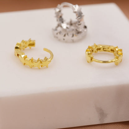 Star Motif Huggie Hoop Earrings in Sterling Silver, Star Hoop Snug Earrings, 8mm Hoop,  Silver or Gold, Geometric Design