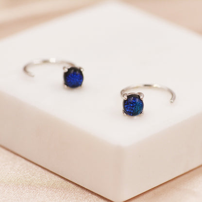 Galaxy Blue Dichroic Glass Crystal Threader Hoop Earrings in Sterling Silver, Dark Blue Crystal Huggie Hoop,  Pull Through