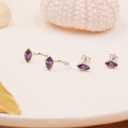 Amethyst Purple Crystal Marquise Pull Through Earrings in Sterling Silver with Lilac CZ -  Petite Stud Earrings or Threader Hoop