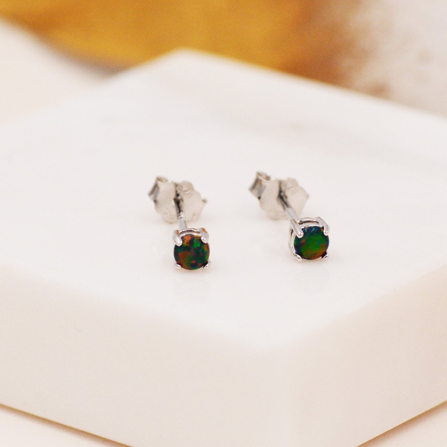 Black Opal Stud Earrings in Sterling Silver - 3 sizes 3mm 4mm 5mm - Lab Opal Stud Earrings  - Semi Precious Gemstone