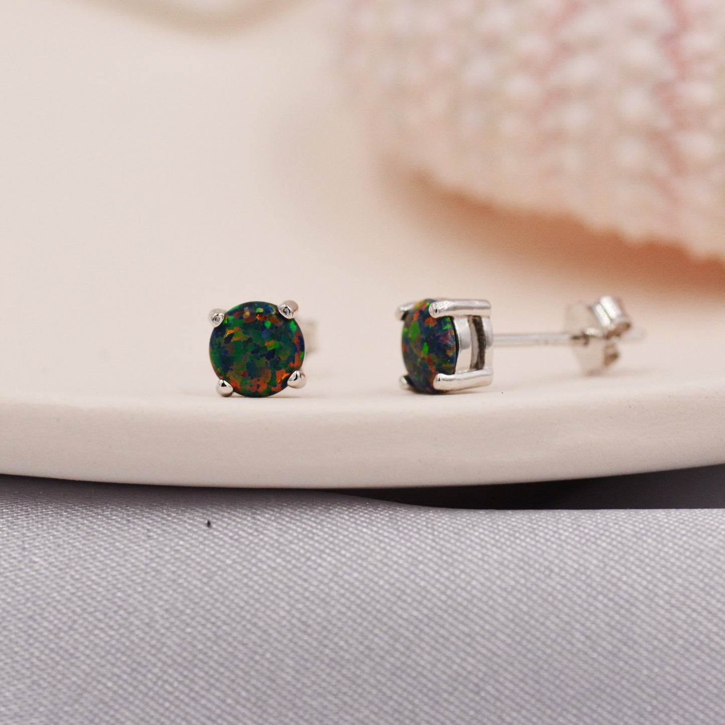 Black Opal Stud Earrings in Sterling Silver - 3 sizes - Lab Opal Stud Earrings  - Semi Precious Gemstone