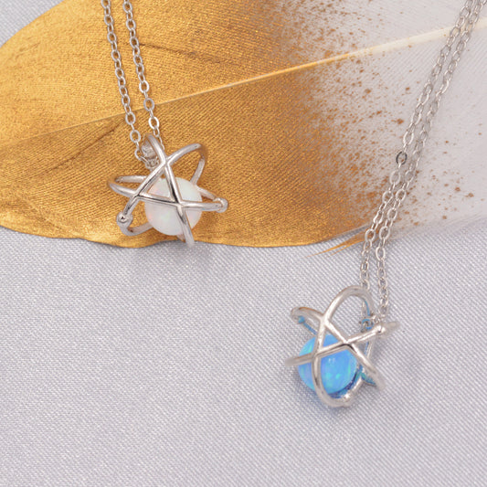 Sterling Silver Orbiting Atom Pendant Necklace with Lab Opal, White or Blue, Tiny and Delicate, Plant, Celestial, Space Jewellery