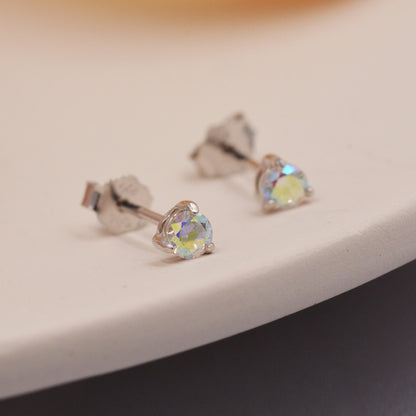 Aurora AB Crystal Tiny CZ Stud Earrings in Sterling Silver, 3mm Colour Changing Crystals, Extra Small