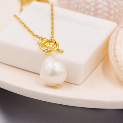 Sterling Silver Genuine Baroque Pearl T Bar Pendant Necklace - Gold Over Sterling Silver - Delicate Keshi Pearl Necklace, 20 Inch
