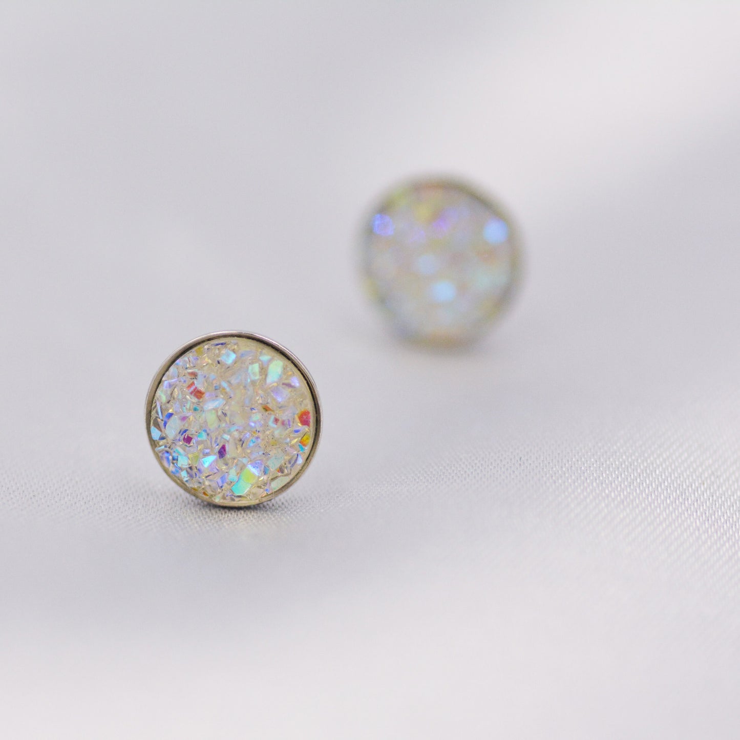 Sterling Silver Druzy Stud Earrings? 8mm Coin Earrings, Sparkly and Pretty - White Druzy, Opal Druzy Earrings