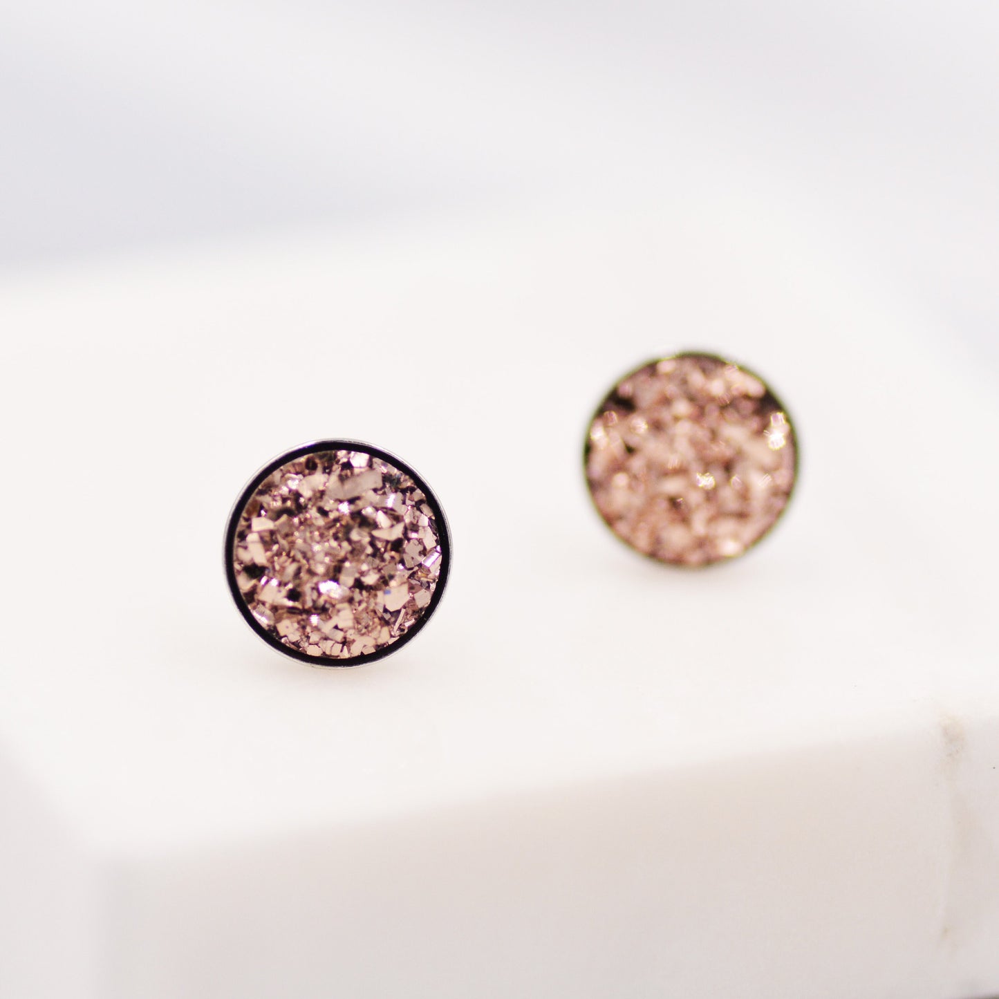 Sterling Silver Rose Gold Druzy Stud Earrings? 8mm Coin Earrings, Sparkly and Pretty - Rose Gold