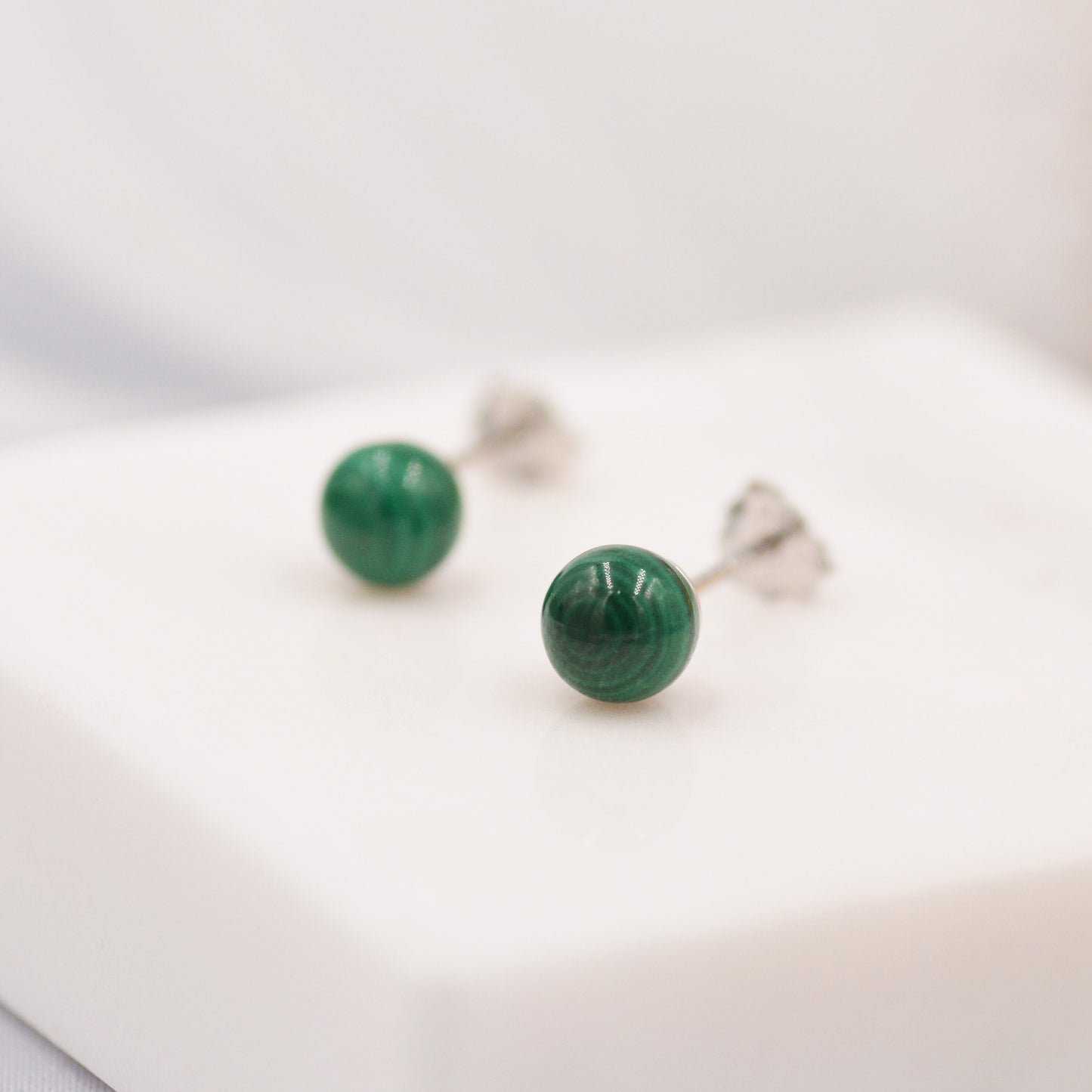 6mm Malachite Stud Earrings in Sterling Silver, Semi-Precious Gemstone Stud Earrings, Genuine Malachite Earrings, Green Gemstone