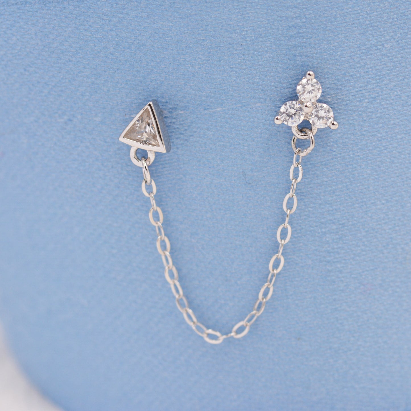 Sterling Silver Chained Earrings for Multiple Piercings, Silver or Gold, Trinity Three CZ Dot Earrings and Triangle Chain Earrings