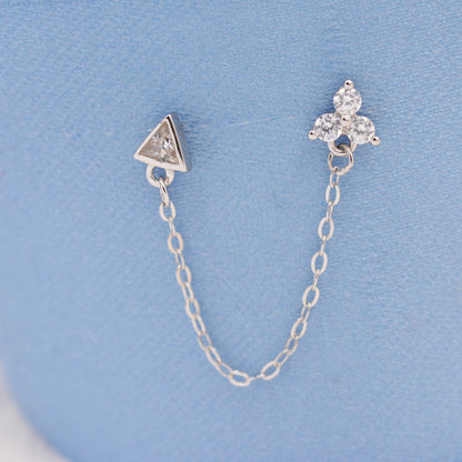 Sterling Silver Chained Earrings for Multiple Piercings, Silver or Gold, Trinity Three CZ Dot Earrings and Triangle Chain Earrings