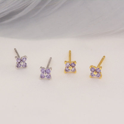 CZ Flower Stud Earrings in Sterling Silver, Crystal Flower Earrings, Amethyst, Ruby, Emerald and Black Diamond, Four Crystal Stud