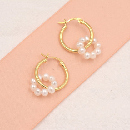 Pearl Wreath Hoop Earrings in Sterling Silver, Detachable Beaded Pearl Hoop Earrings, Pearl Charm Hoop Earrings, 14mm Hoops