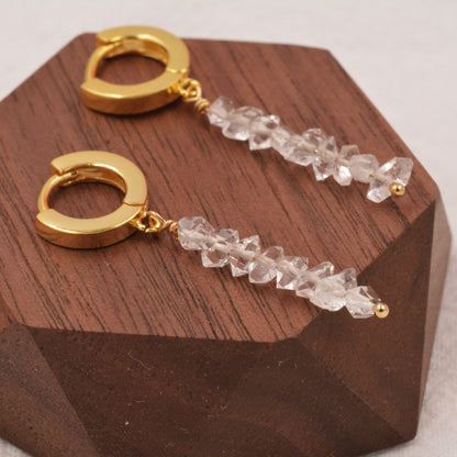Huggie Hoop Earrings with Herkimer Diamond Stones in Sterling Silver, Hoop Dangle Earrings, Gold and Silver , Natural Gemstones