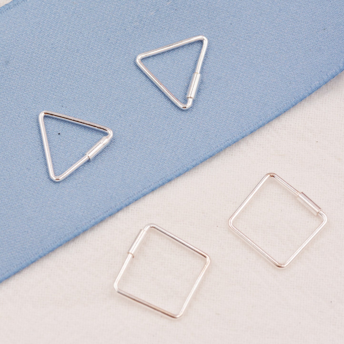 Sterling Silver Minimalist Geometric Square and Triangle Hoop Creole Style Earrings, Dainty and Delicate, Modern Contemporary Design