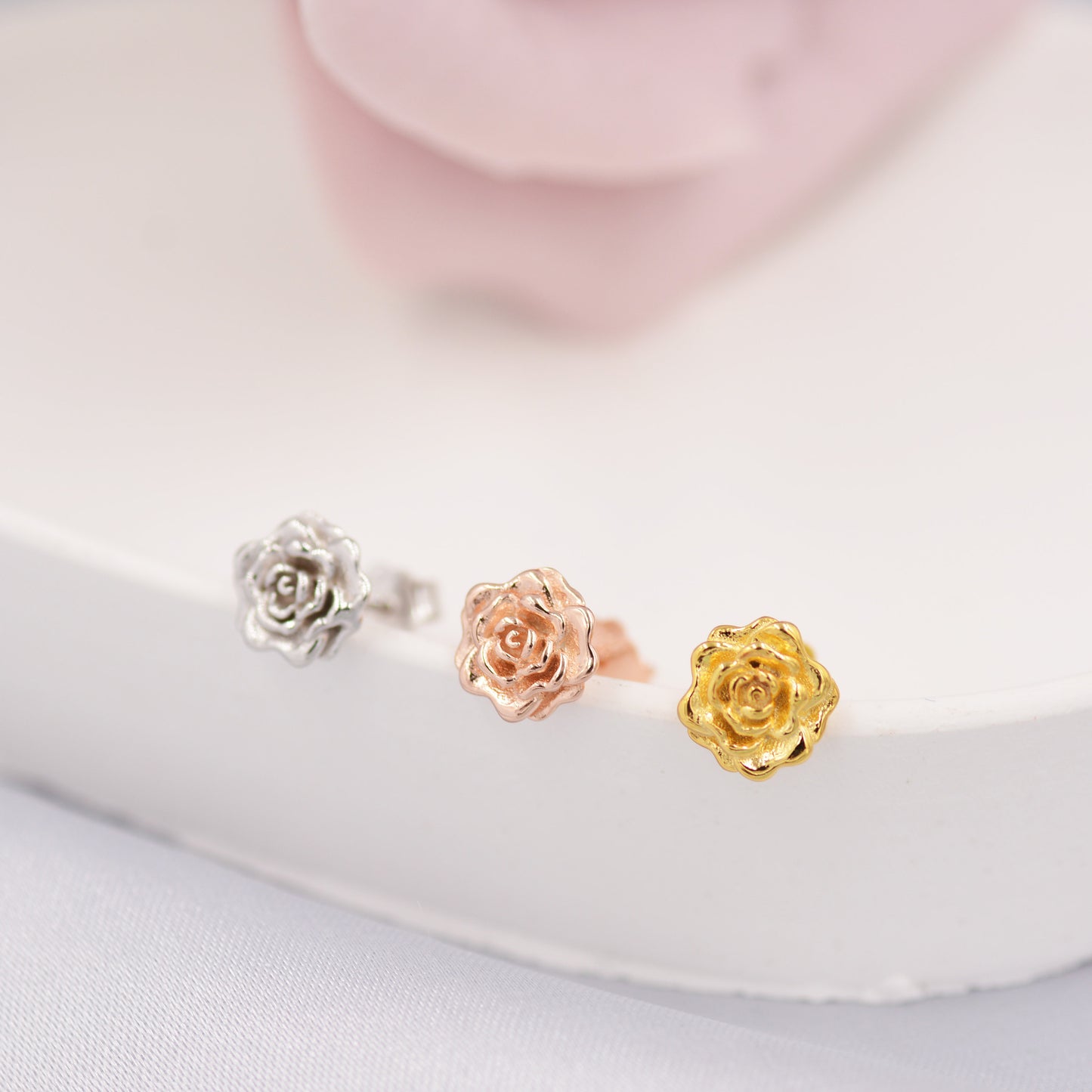 Sterling Silver Rose Earrings, Silver, Gold or Rose Gold, Rose Stud Earrings, Petite Flower Blossom Earrings, Nature Inspired