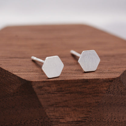 Sterling Silver Minimalist Hexagon Geometric Stud Earrings - Textured Finish  - Dainty and Discreet