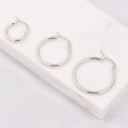 Minimalist Creole Hoop Earrings in Sterling Silver, 9mm 16mm 20mm, Lever Hoop Earrings, Simple Silver Hoops