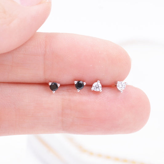 Extra Tiny Lab Diamond CZ Stud Earrings in Sterling Silver, Three Prong 3mm Teeny Tiny Black Crystal Stud