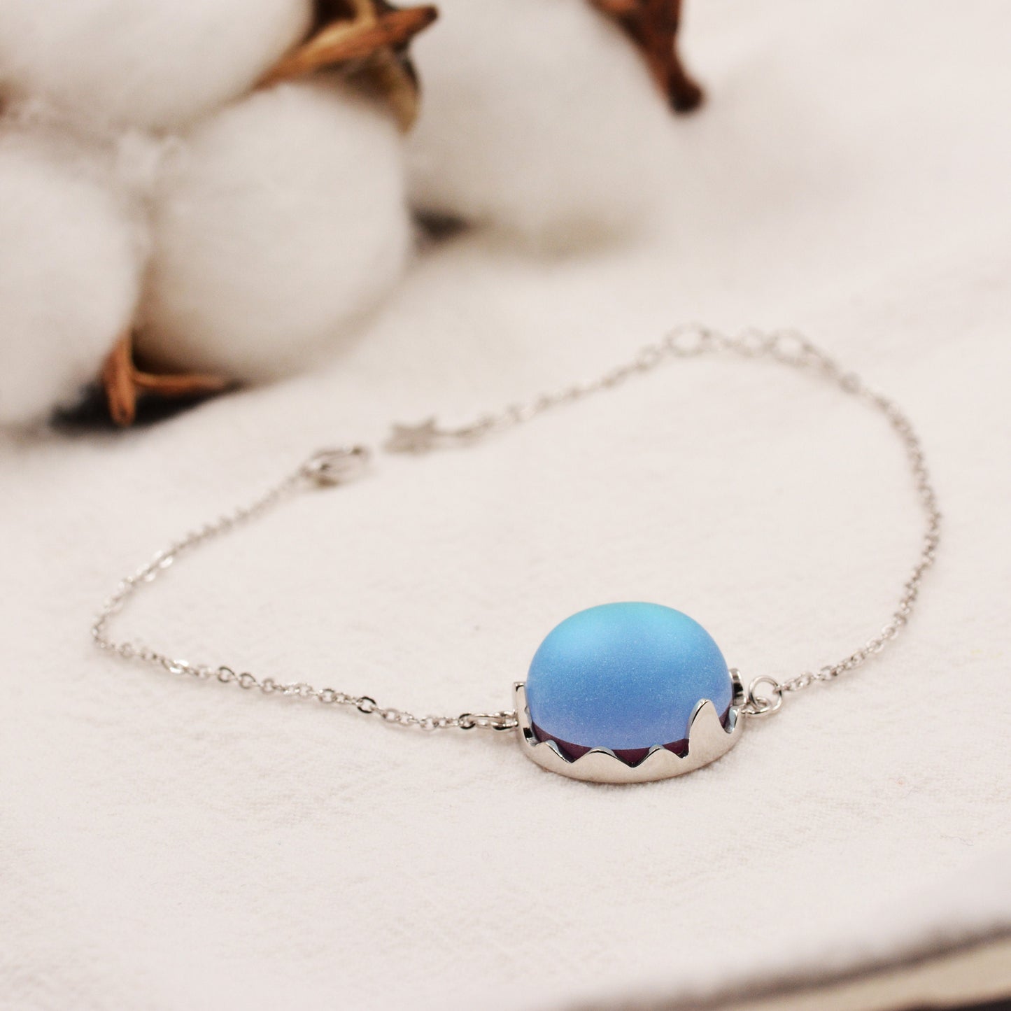Aurora Crystal Bracelet in Sterling Silver, Northern Lights Bracelet with Blue Flash Simulated Moonstone