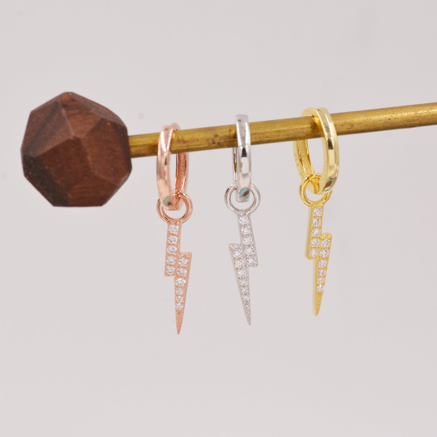 Lightning Bolt Charm Huggie Hoop Earrings in Sterling Silver with Detachable Charms, Silver, Gold or Rose Gold Lightening Earrings