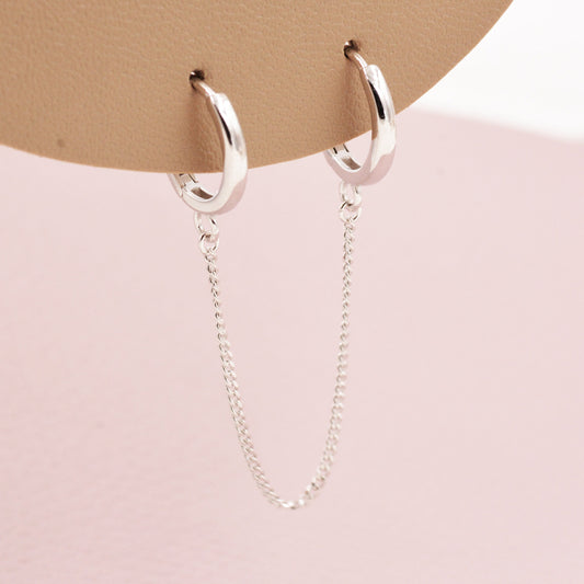 Double Piercing Huggie Hoop Earrings with Chain, Chained Hoop Earrings, Linked Hoops, Linked Hoops