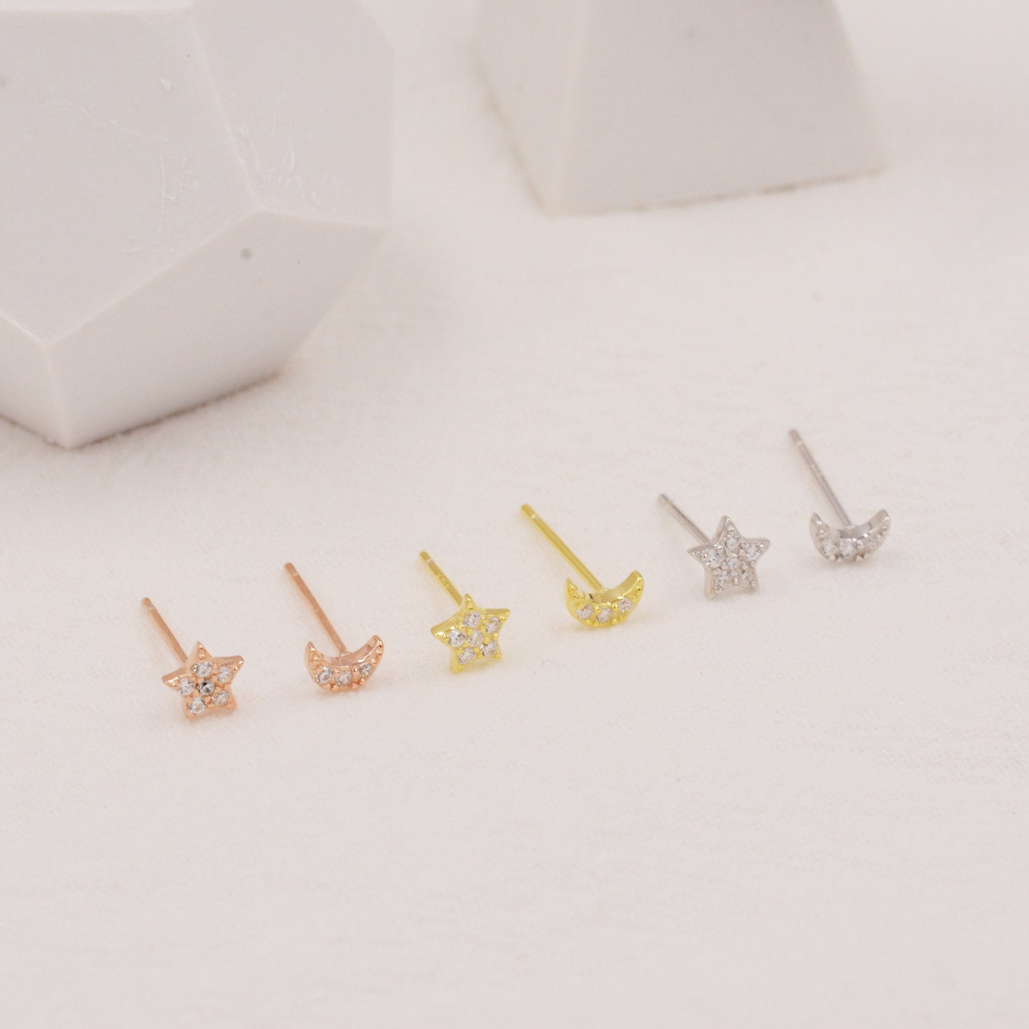 CZ Moon and Star Tiny Stud Earrings in Sterling Silver, Silver or Gold, Asymmetric Stacking Earrings, Small Crystal Stud, Celestial Earrings