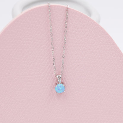 Tiny Blue Opal Necklace in Sterling Silver, Three Prong 5mm Opal Necklace, Minimalist October Birthstone Necklace, Tiny Opal Necklace