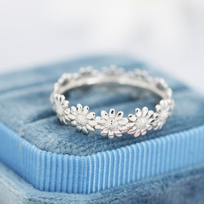Sterling Silver Daisy Flower Ring, Flower Infinity Band, Eternity Ring, Friendship Ring,  Nature Inspired Jewellery US 5 - 8
