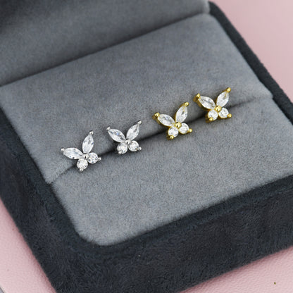Sterling Silver CZ Butterfly Stud Earrings,  Gold or Silver or Rose Gold, Marquise CZ Earrings, Stacking Earrings