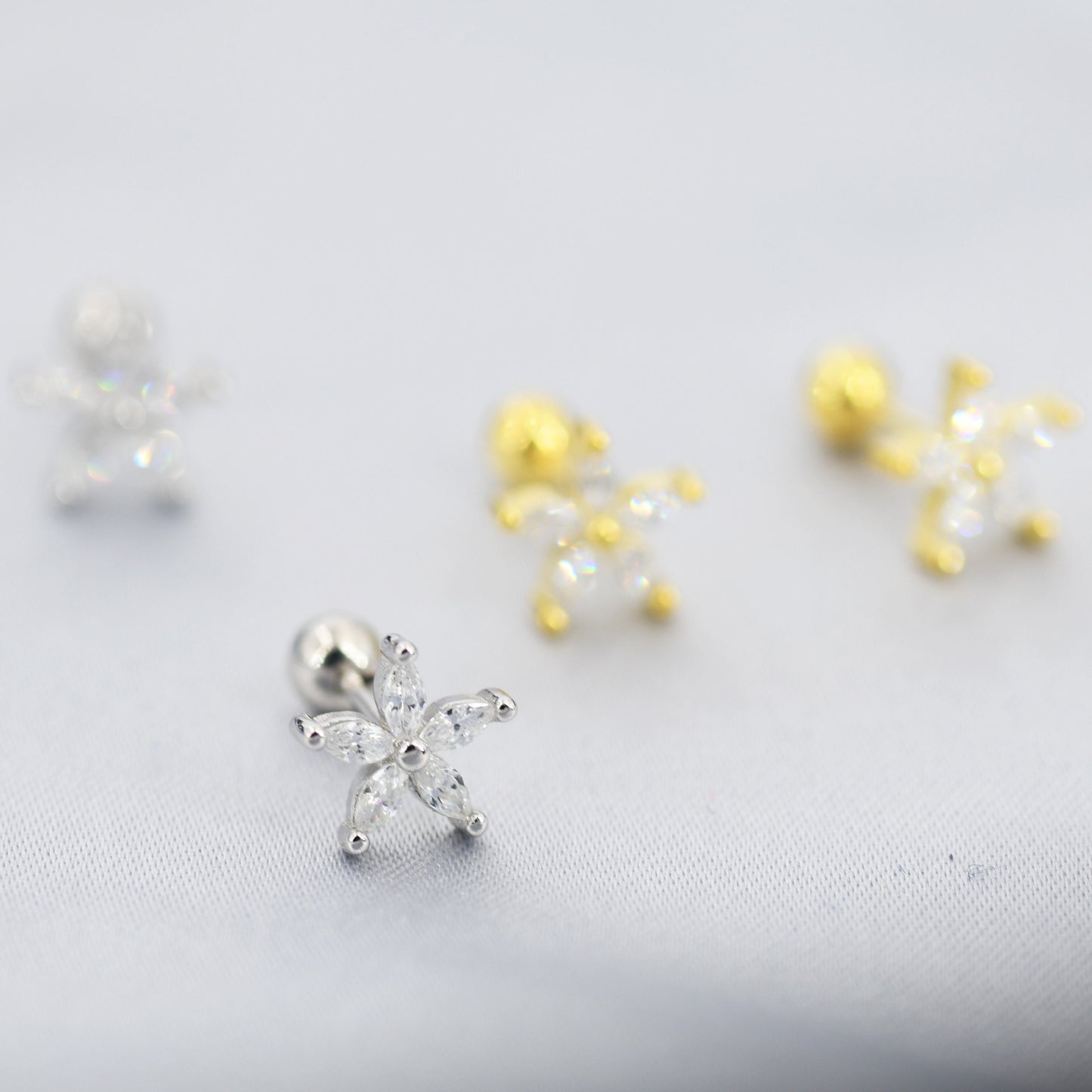 Sterling Silver CZ Flower Barbell Earrings,  Gold or Silver, Marquise CZ Screw Back Earrings, Stacking Earrings