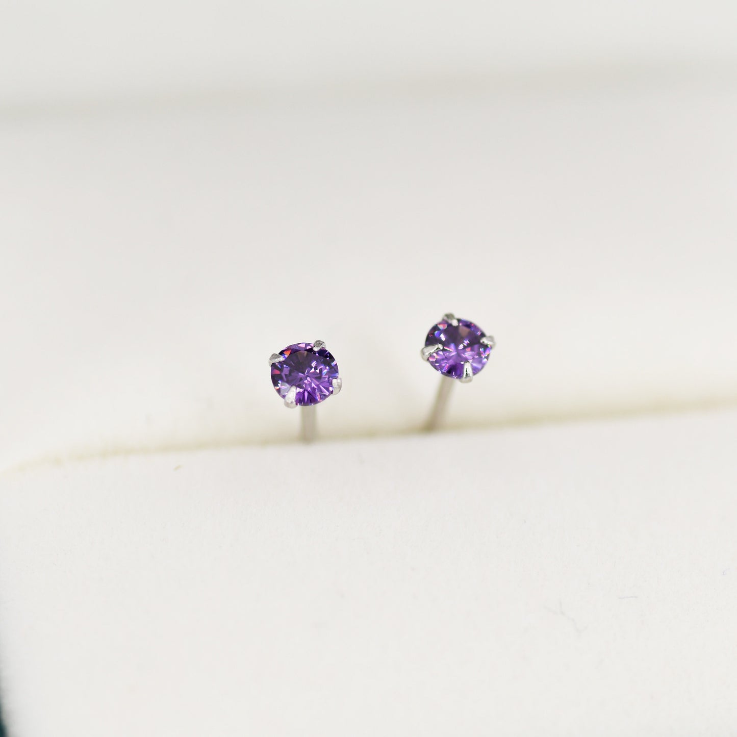 Sterling Silver February Birthstone Amethyst CZ Stud Earrings, Extra Tiny Purple Crystal Stud, 3mm Birthstone CZ Earrings