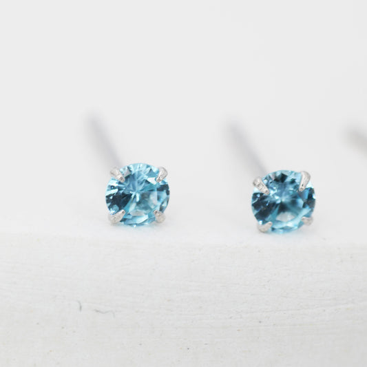 March Birthstone Aquamarine Blue CZ Stud Earrings in Sterling Silver, Extra Tiny Blue Crystal Stud, 3mm Birthstone CZ Earrings