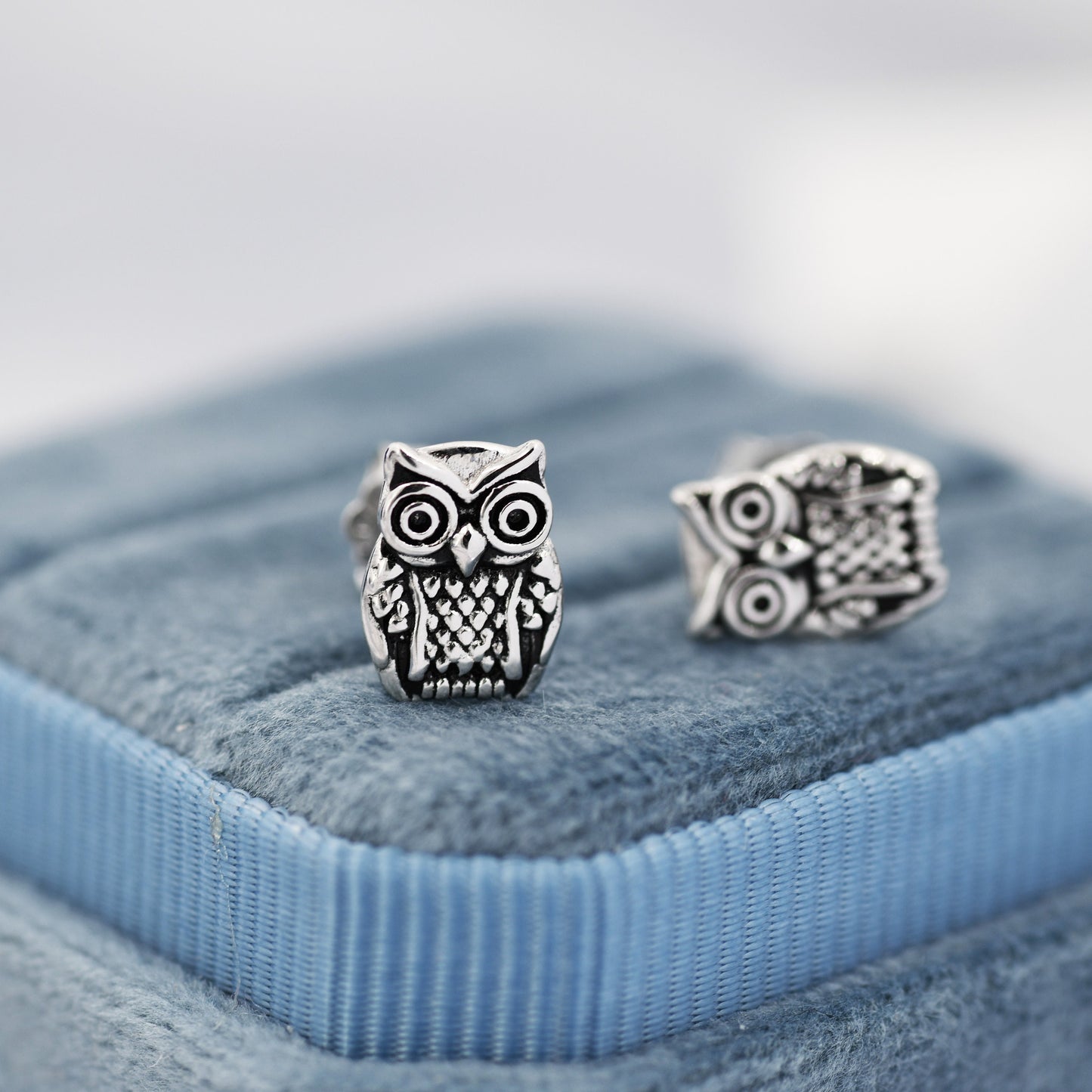 Owl Stud Earrings in Sterling Silver, Oxidised Silver Finish, Silver Animal Earrings, Nature Inspired Jewellery