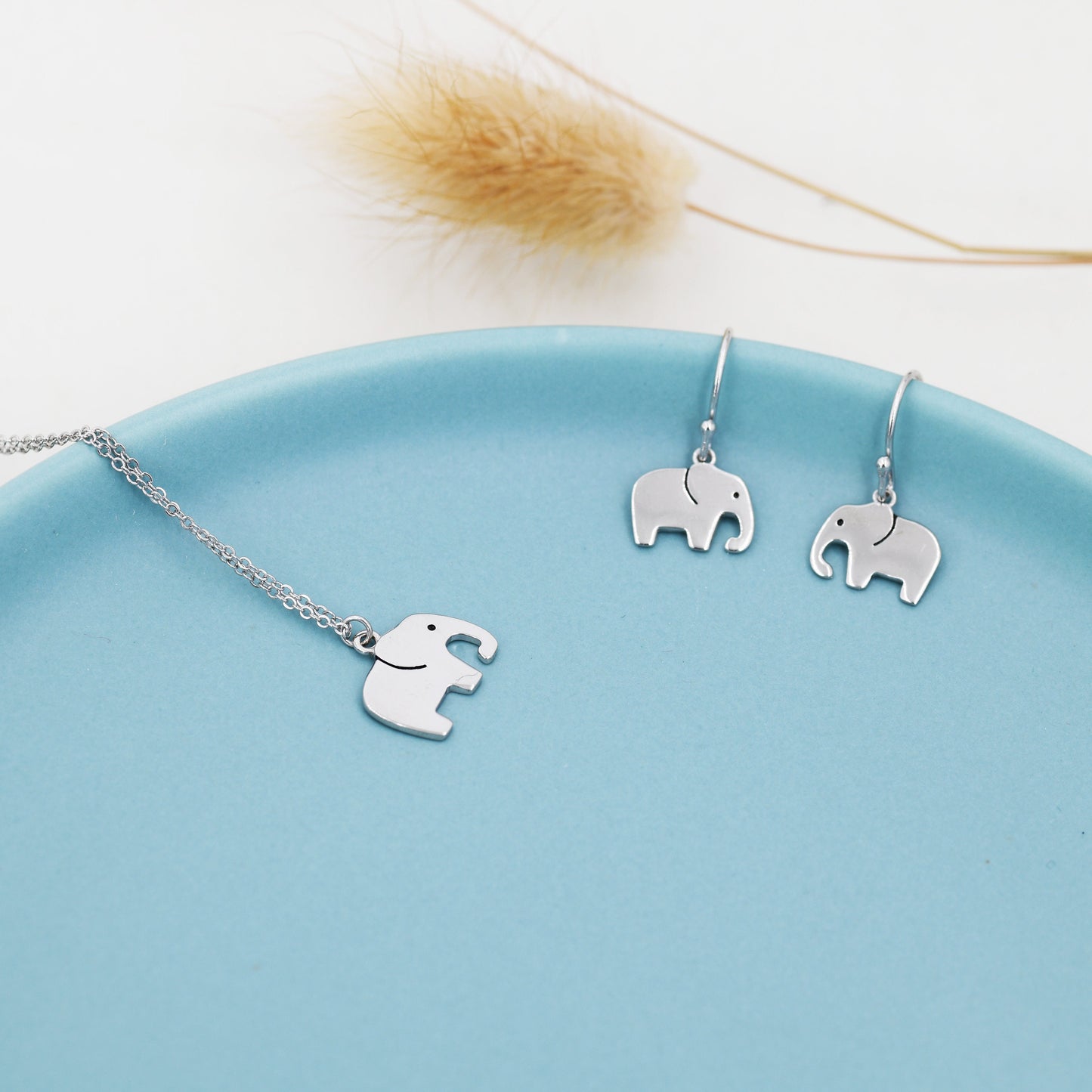 Elephant Necklace and Dangle Earrings in Sterling Silver, Silver Animal Earrings and Pendant, Nature Inspired Jewellery