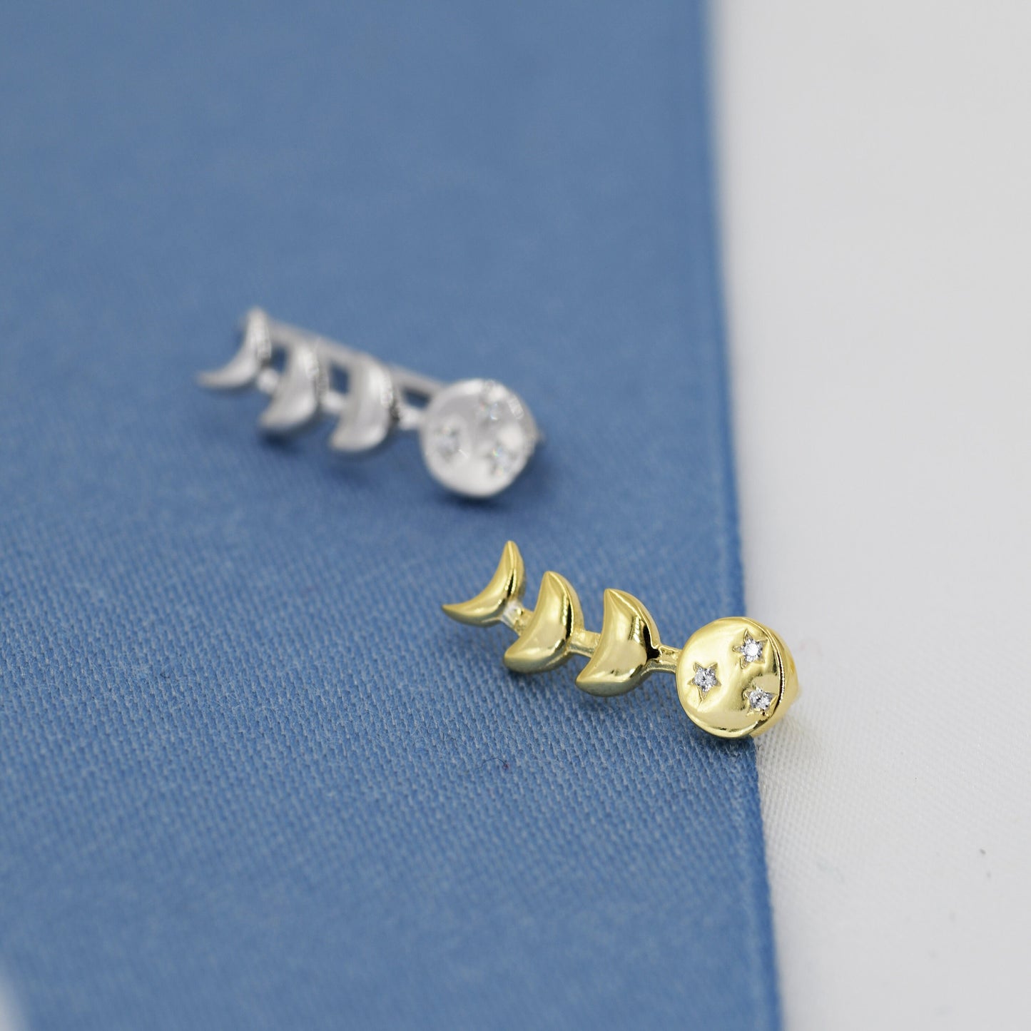 Moon Phase Crawler Earrings in Sterling Silver, Silver or Gold, Moon and Star Earrings, Ear Climbers, Celestial Earrings