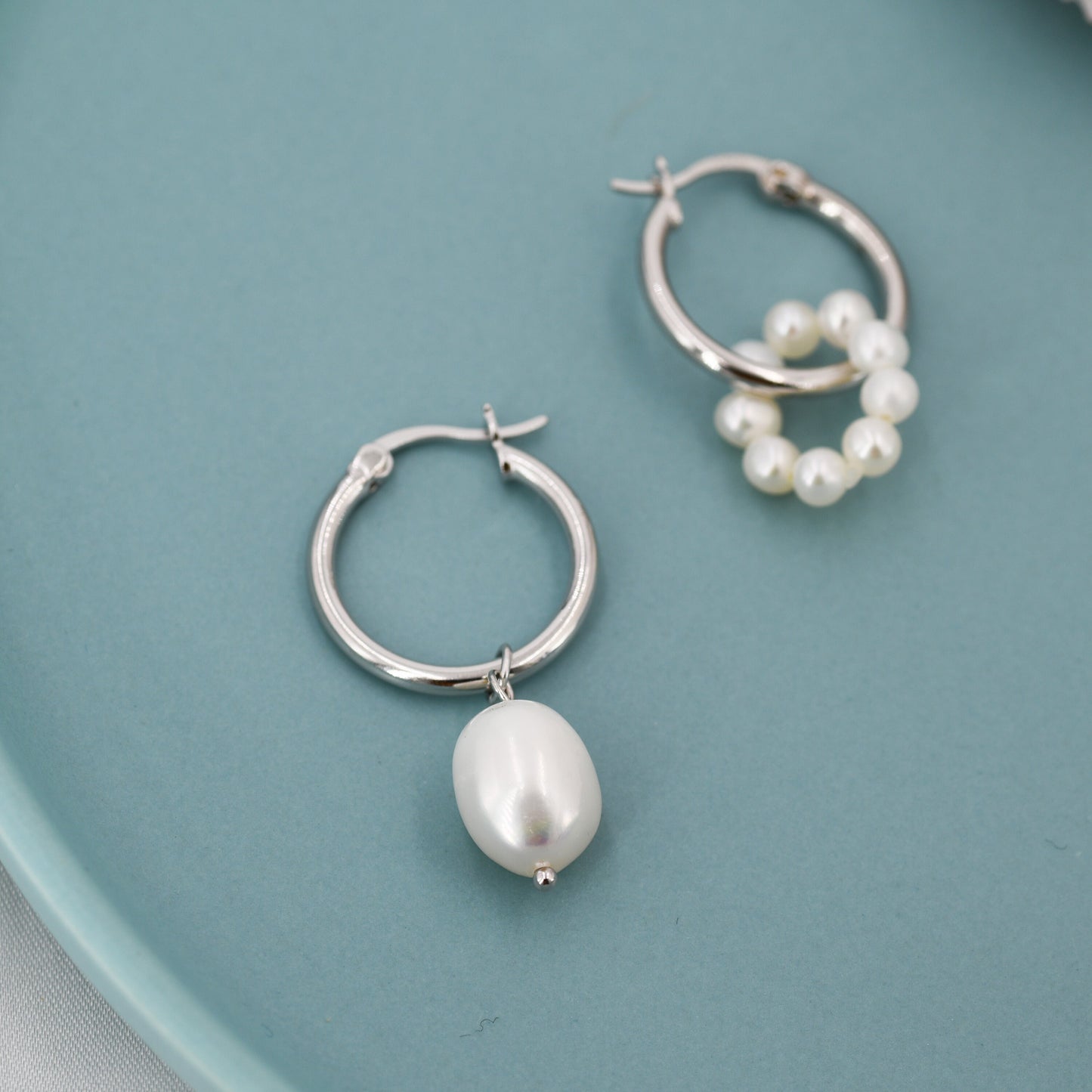 Asymmetric Detachable Pearl Dangle Hoop Earrings in Sterling Silver, Silver or Gold, 14mm Hoops, Simple Hoop Earrings