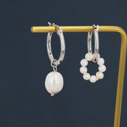 Asymmetric Detachable Pearl Dangle Hoop Earrings in Sterling Silver, Silver or Gold, 14mm Hoops, Simple Hoop Earrings