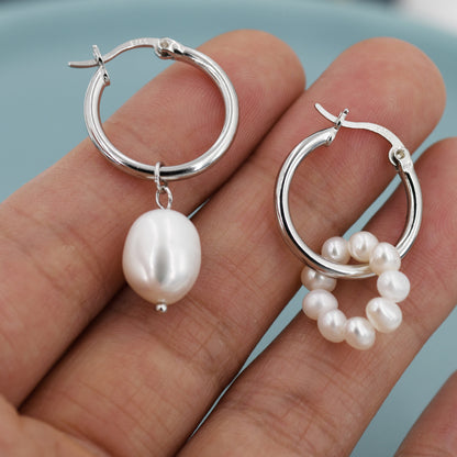 Asymmetric Detachable Pearl Dangle Hoop Earrings in Sterling Silver, Silver or Gold, 14mm Hoops, Simple Hoop Earrings