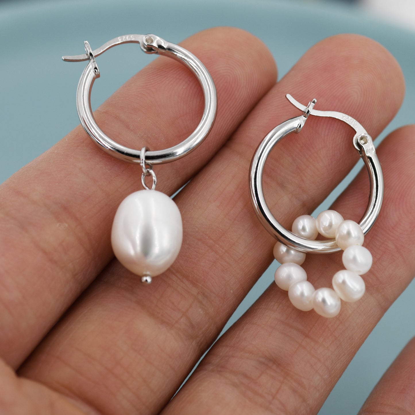 Mismatched Detachable Pearl Dangle Hoop Earrings in Sterling Silver, Silver or Gold, 14mm Hoops, Simple Hoop Earrings