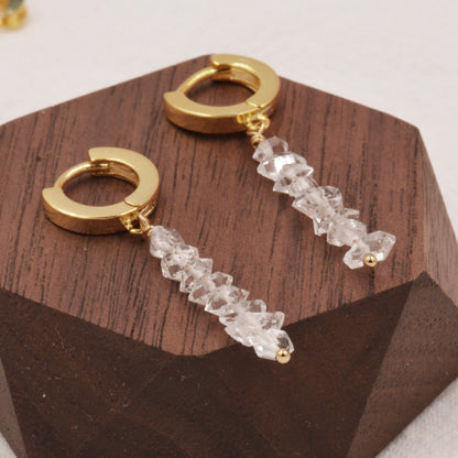 Huggie Hoop Earrings with Herkimer Diamond Stones in Sterling Silver, Hoop Dangle Earrings, Gold and Silver , Natural Gemstones