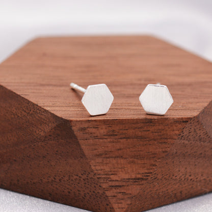 Sterling Silver Minimalist Hexagon Geometric Stud Earrings - Textured Finish  - Dainty and Discreet