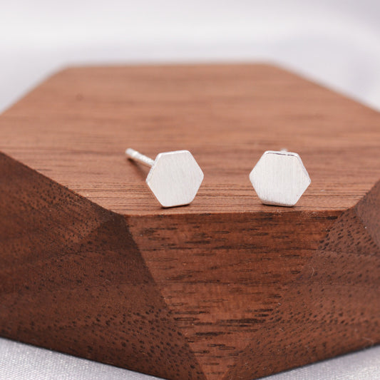 Sterling Silver Minimalist Hexagon Geometric Stud Earrings - Textured Finish  - Dainty and Discreet