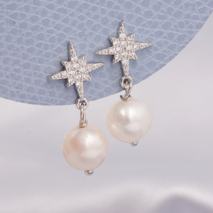 Starburst Star with Baroque Pearl Drop Earrings in Sterling Silver, Keshi Pearl Dangle Earrings,  Genuine Freshwater Pearls