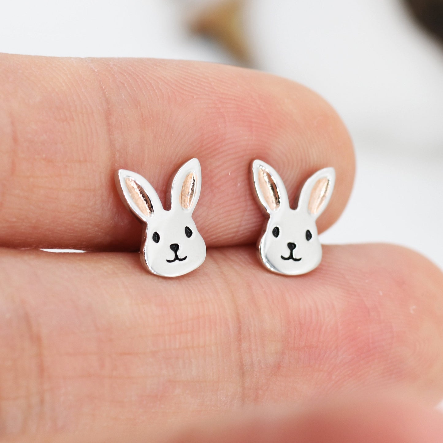 Cute Bunny Head Earrings in Sterling Silver, Silver and Rose Gold, Rabbit Stud Earrings, Rabbit Head Earrings, Animal Earrings