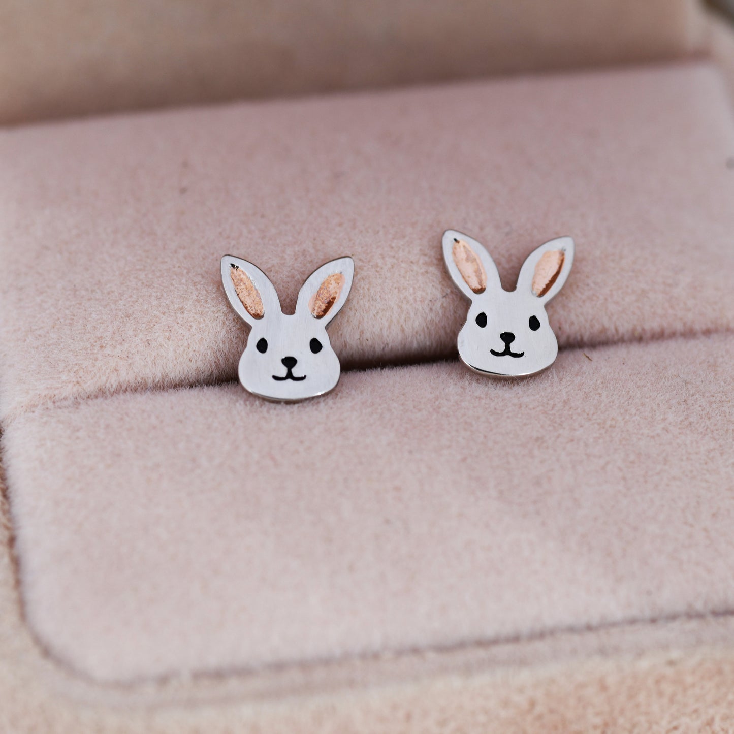 Cute Bunny Head Earrings in Sterling Silver, Silver and Rose Gold, Rabbit Stud Earrings, Rabbit Head Earrings, Animal Earrings