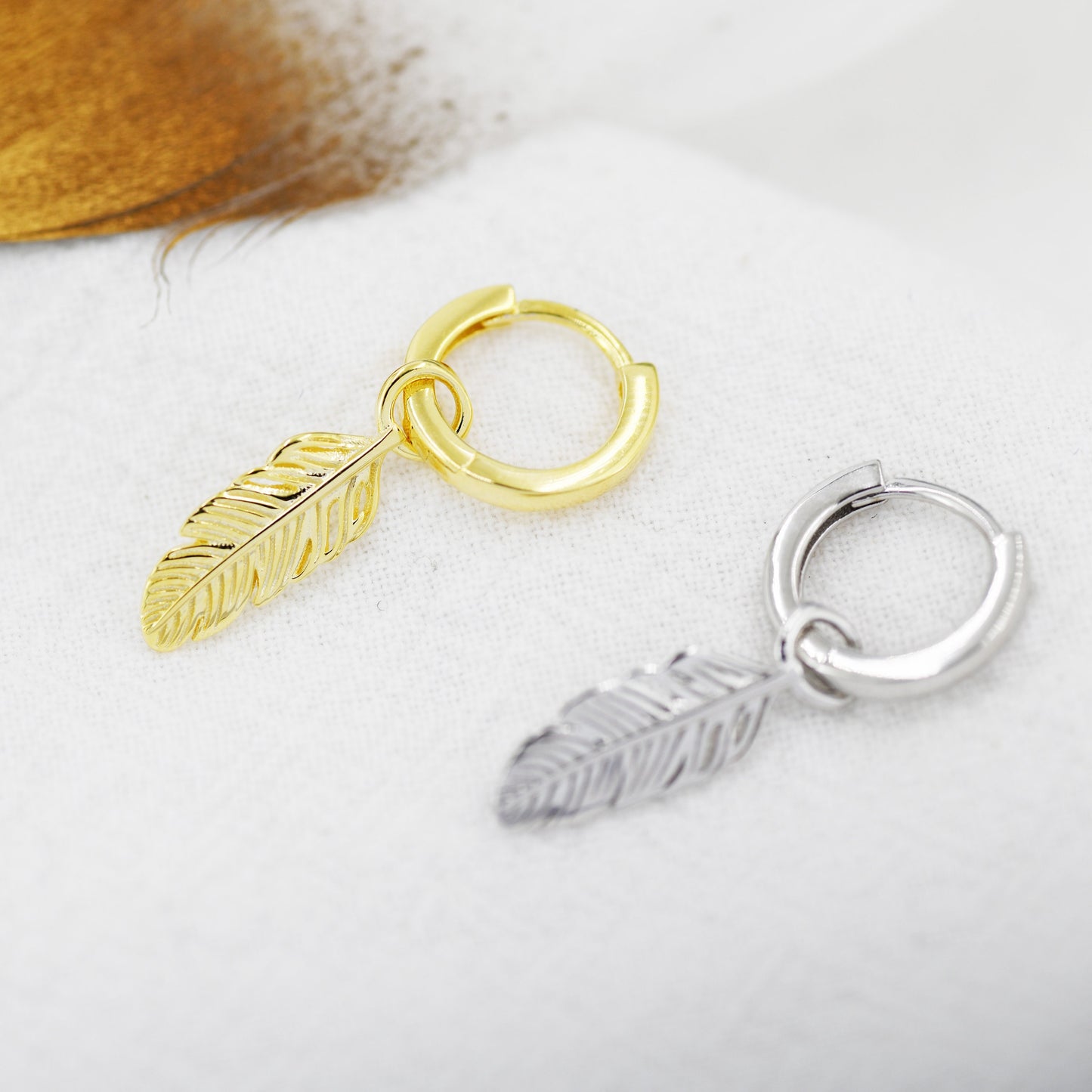 Sterling Silver Feather Hoop Earrings, Detachable Feather Dangle Hoop Earrings, Silver or Gold,  Interchangeable Charms