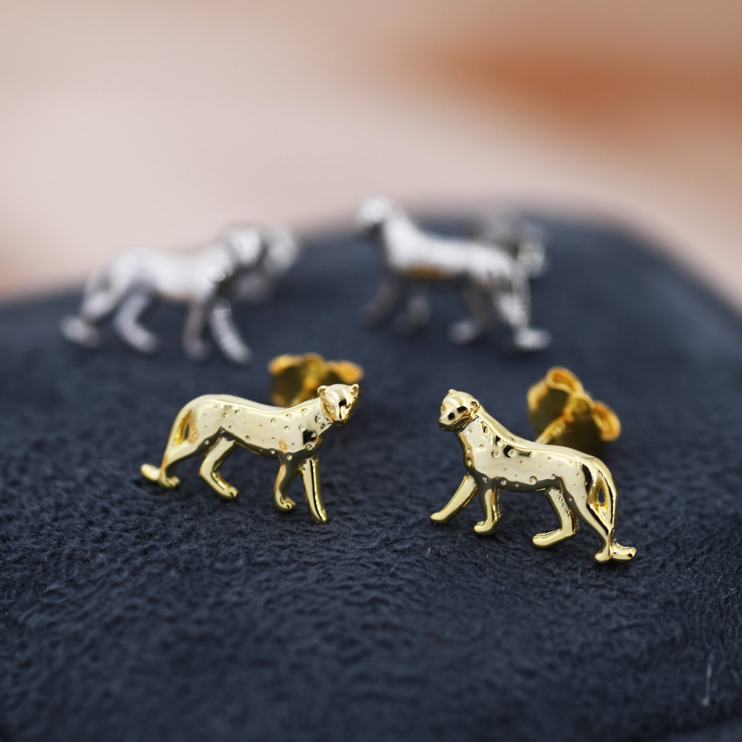 Tiny Leopard Stud Earrings in Sterling Silver, Silver or Gold, Jaguar Stacking Earrings,  Nature Inspired Animal Earrings