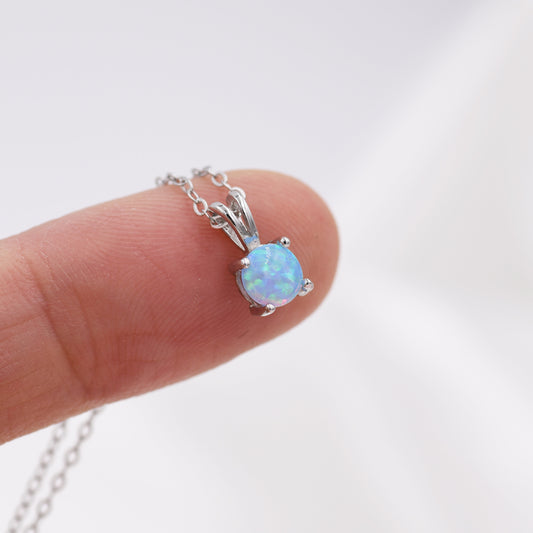 Tiny Blue Opal Necklace in Sterling Silver, Three Prong 5mm Opal Necklace, Minimalist October Birthstone Necklace, Tiny Opal Necklace
