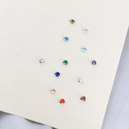 April Birthstone, Diamond Stud Earrings in Sterling Silver, Extra Tiny Crystal Stud, 3mm Birthstone CZ Earrings