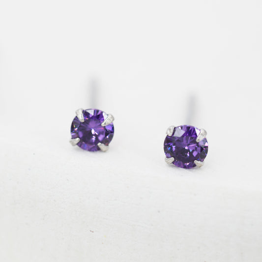 Sterling Silver February Birthstone Amethyst CZ Stud Earrings, Extra Tiny Purple Crystal Stud, 3mm Birthstone CZ Earrings
